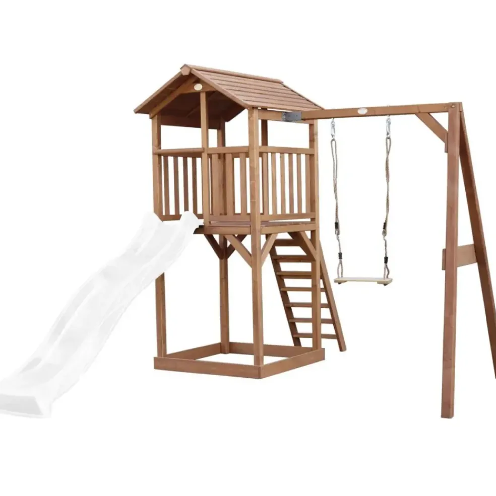 Tour de jeu en bois marron avec grand toboggan et 1 banaçoire Beach Tower Axi