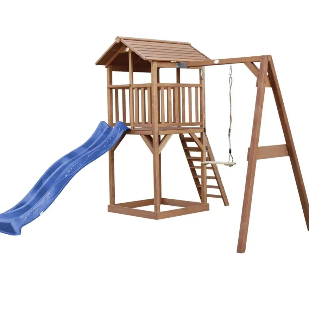Tour de jeu en bois marron avec grand toboggan et 1 banaçoire Beach Tower Axi