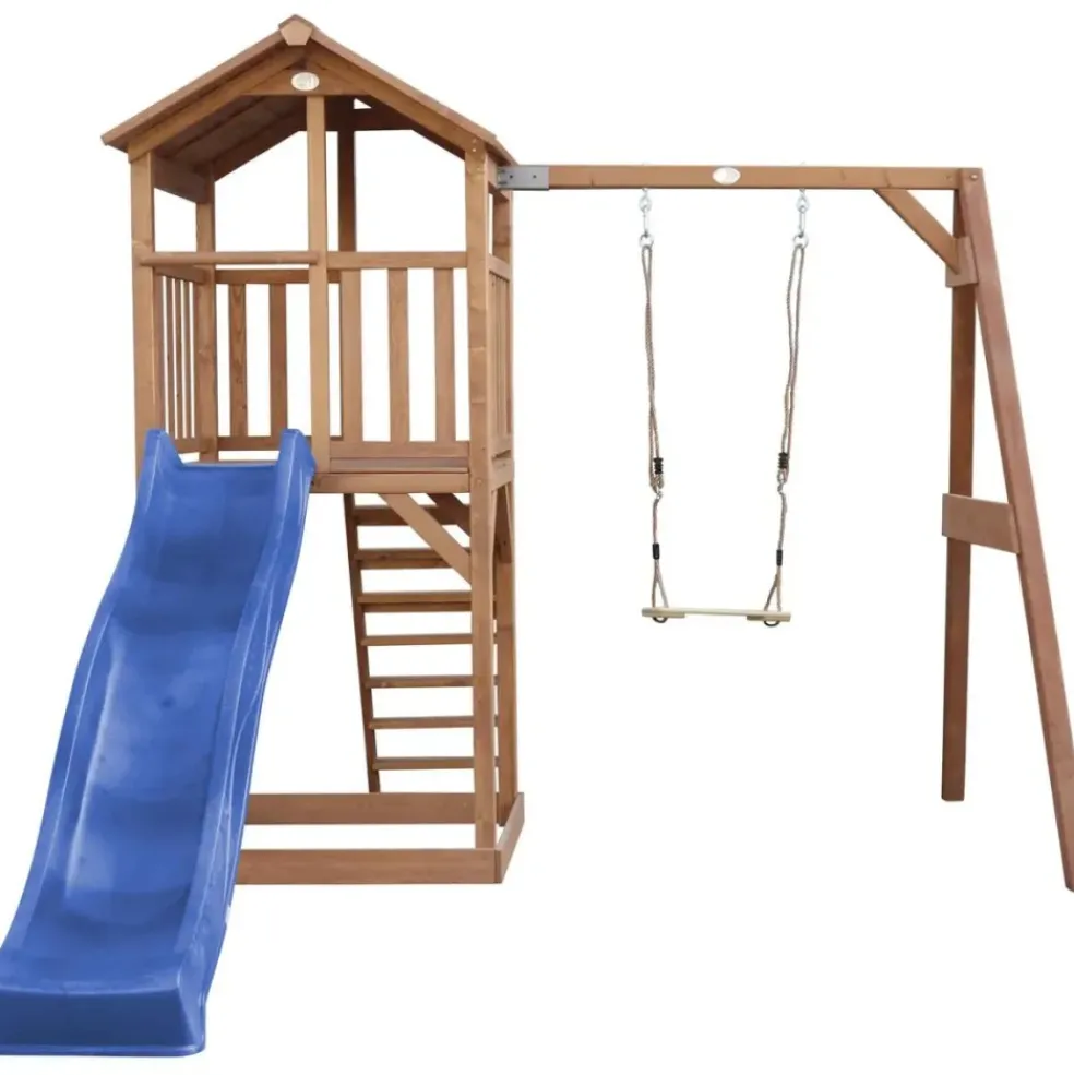 Tour de jeu en bois marron avec grand toboggan et 1 banaçoire Beach Tower Axi